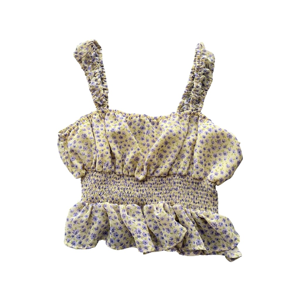 Coquette Babydoll Yellow Purple‎ Floral Smocked Top Ruffle Strap Medium Dainty